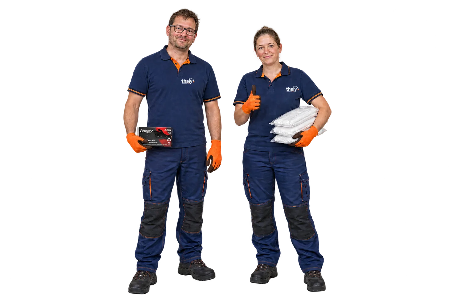 Twee medewerkers van Thaly met disposable handschoenen en overalls