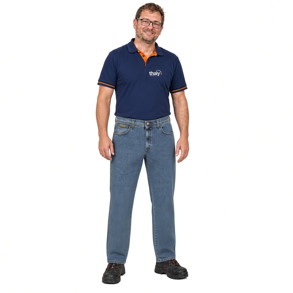 Wrangler Texas Stretch Jeans in Blau, getragen von einem Model, Foto mit KI erstellt